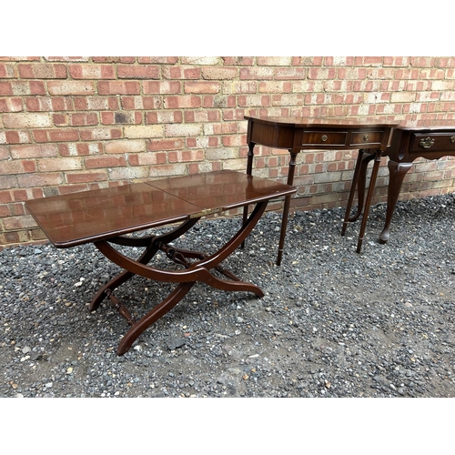 100q - Two reproduction mahogany hall tables together with a reproduction mahogany folding campaign table