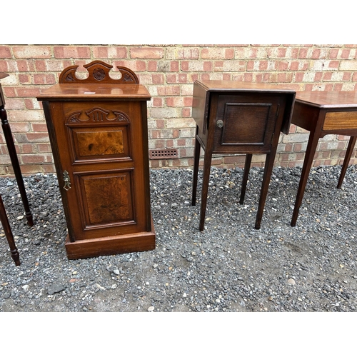 100s - Edwardian bedside, oak work box, oak single drawer table and a mahogany table