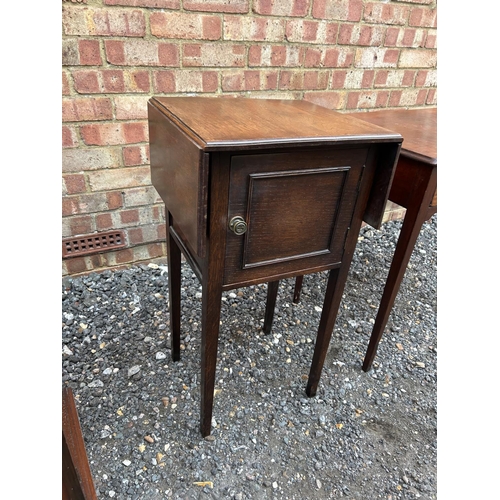 100s - Edwardian bedside, oak work box, oak single drawer table and a mahogany table