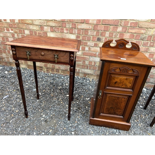 100s - Edwardian bedside, oak work box, oak single drawer table and a mahogany table