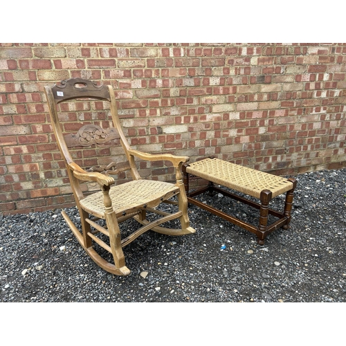 12 - A rush seat rocking chair together with a rush seat stool