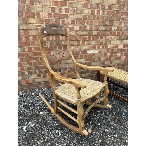 12 - A rush seat rocking chair together with a rush seat stool