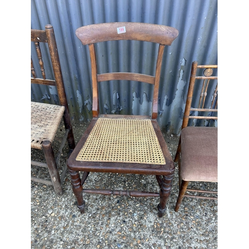 199 - Victorian chair with begere seat, arts and crafts chair and a rush seat chair