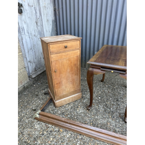 200 - Mahogany table, pine bedside, mirror and copper fender