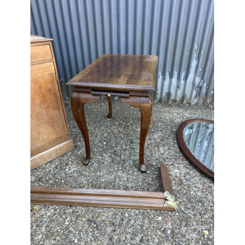 200 - Mahogany table, pine bedside, mirror and copper fender