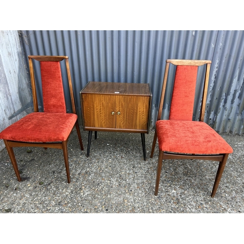 215 - Teak record cupboard and two g plan chairs