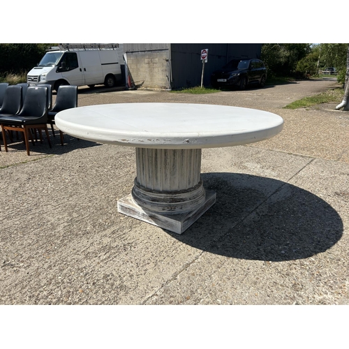 221 - A large white circular dining table on thick painted pedestal base 148cm diameter