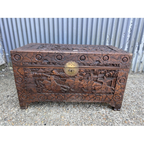 226 - A highly ornate carved camphor wood blanket box 97x60x50