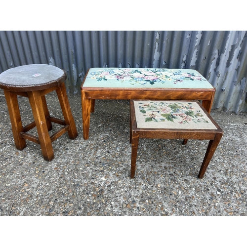 236 - Two oak stools with floral pattern tops and a pine stool