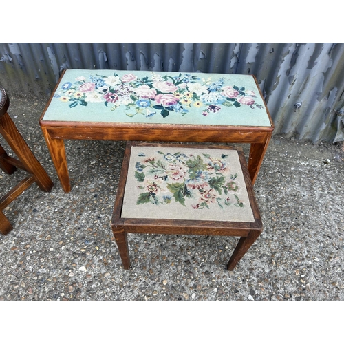 236 - Two oak stools with floral pattern tops and a pine stool