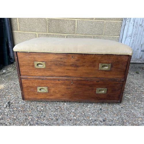 256 - A Victorian two drawer military style chest of two with upholstered cushion top 92x54x54