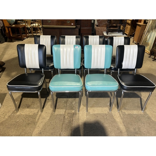 266 - A set of 8 vintage chrome and vinyl dining chairs (6 black & 2 blue) labelled BELL AIR