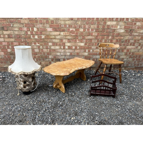 45f - A elm coffee table, chair, magazine rack and large pottery lamp