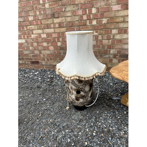 45f - A elm coffee table, chair, magazine rack and large pottery lamp