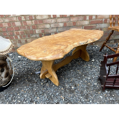 45f - A elm coffee table, chair, magazine rack and large pottery lamp