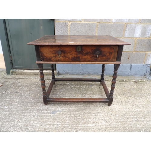 62 - A antique oak single drawer table with brass drop handles 91x58x72