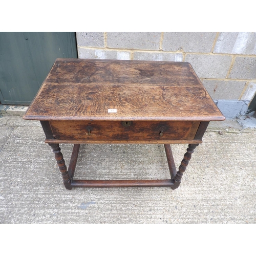 62 - A antique oak single drawer table with brass drop handles 91x58x72