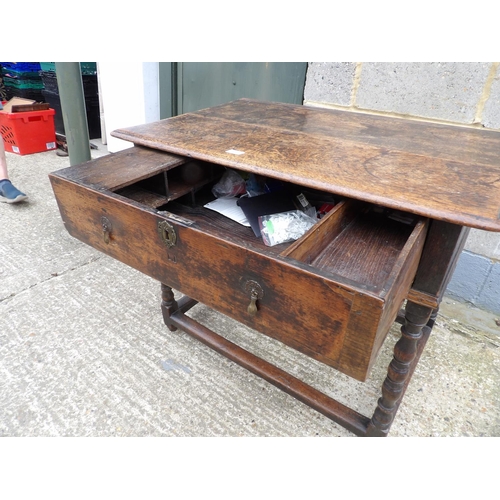 62 - A antique oak single drawer table with brass drop handles 91x58x72