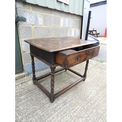 62 - A antique oak single drawer table with brass drop handles 91x58x72