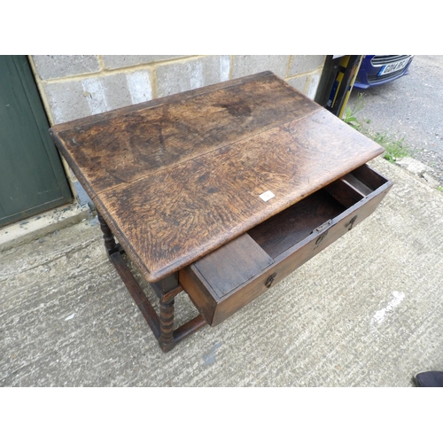 62 - A antique oak single drawer table with brass drop handles 91x58x72