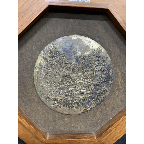 Circular silver plaque, diameter 16cms, marked 800, 2 framed coins ...