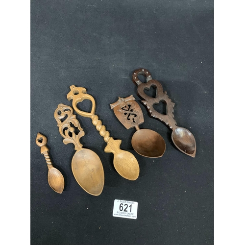 621 - Collection 5 carved wooden Welsh love spoons