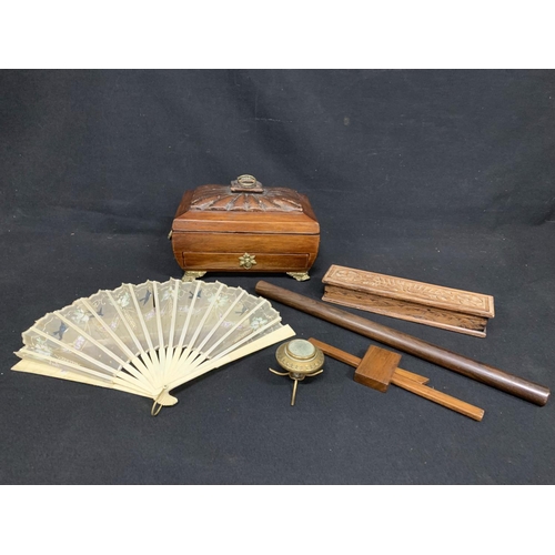 630 - Jewellery casket, woodenware and fan