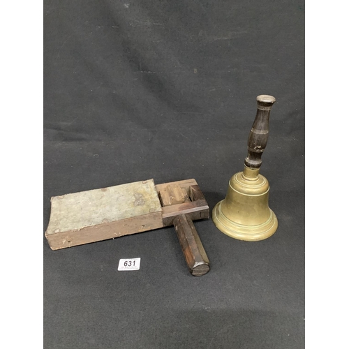 631 - WW2 Air Wardens Rattle and bras hand bell, height 27cms