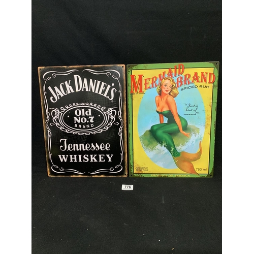 776 - Two Metal Advert Signs: Jack Daniels and Mermaid Rum each 30 x 40 cms