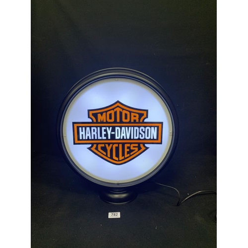 782 - Harley Davidson Motorcycles illuminated double sided globe sign, height 48 cms, working