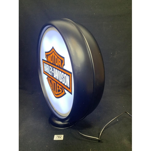 782 - Harley Davidson Motorcycles illuminated double sided globe sign, height 48 cms, working