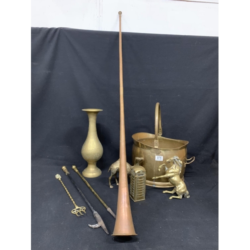 975 - Brass Coal Bucket, pokers, Fork, Hunting horn, heavy horse, camel and telephone box