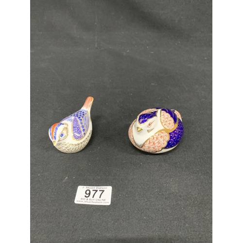 977 - Two Crown Derby Bird Paperweights ( one lacking stopper)