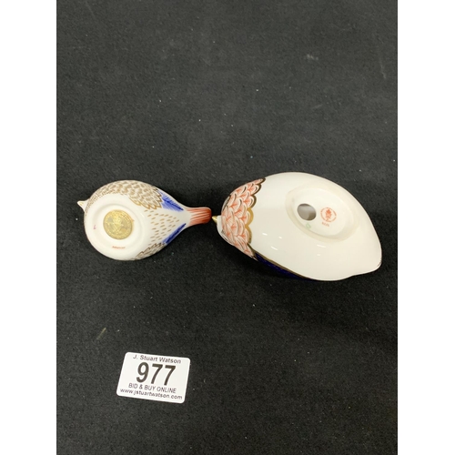 977 - Two Crown Derby Bird Paperweights ( one lacking stopper)