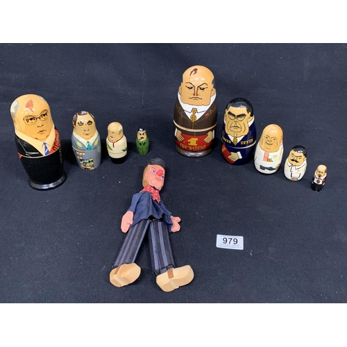 979 - Two Russian Men dolls, height 17 cms and wooden Dutchman doll