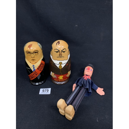 979 - Two Russian Men dolls, height 17 cms and wooden Dutchman doll