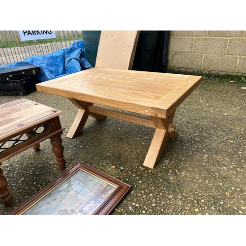 104 - Modern light oak coffee table, stool with blue woollen top and Indonesian coffee table