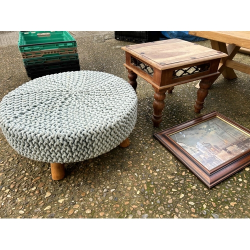 104 - Modern light oak coffee table, stool with blue woollen top and Indonesian coffee table