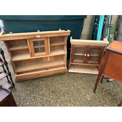 107 - Two pine wall cabinets, sewing box, two wall shelves and ash stand