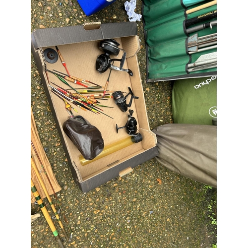 109 - A collection of fishing items including rods, reels, tent, cool box and sealey octopus float caster