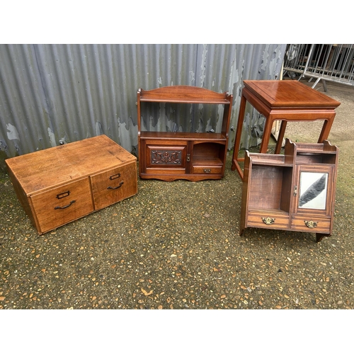 156 - Oak two drawer filing box, two wall cabinets, oriental table