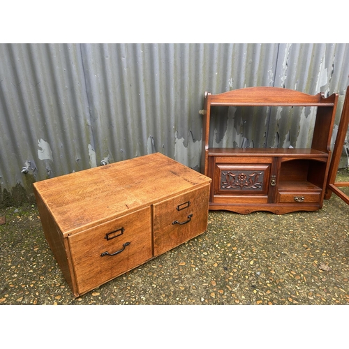 156 - Oak two drawer filing box, two wall cabinets, oriental table