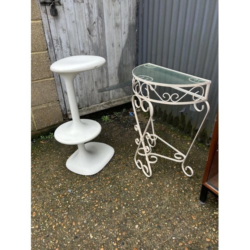 158 - A retro teak cabinet, wire work console table and a retro whatnot