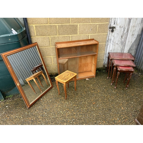 187 - A glazed oak bookcase, repro nest of three and a large wall mirror and an Italian inlaid sewing box