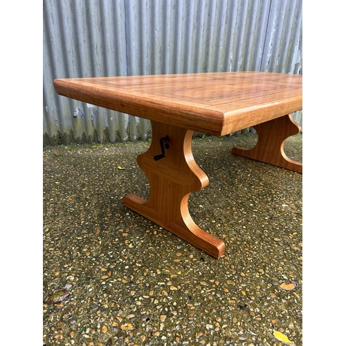 19 - Mid century teak height adjusting table with wind up mechanism labelled to underside Emu