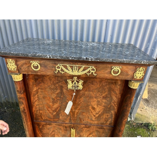 212 - A continental mahogany escritoire cabinet with drop front revealing satinwood interior, fitted with ... 