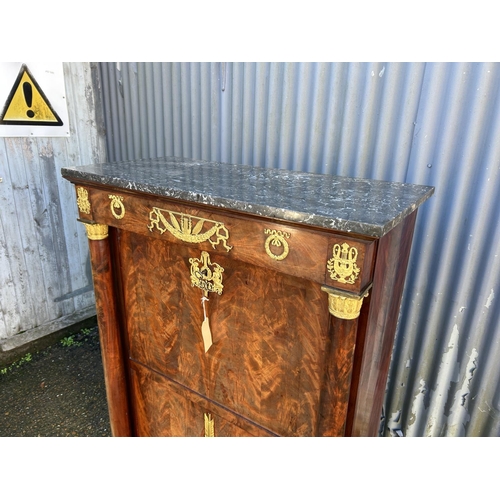 212 - A continental mahogany escritoire cabinet with drop front revealing satinwood interior, fitted with ... 