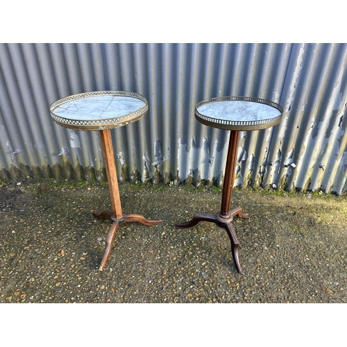 221 - Two single pedestal occasional tables with, table tops and brass gallery (one a/f to top)