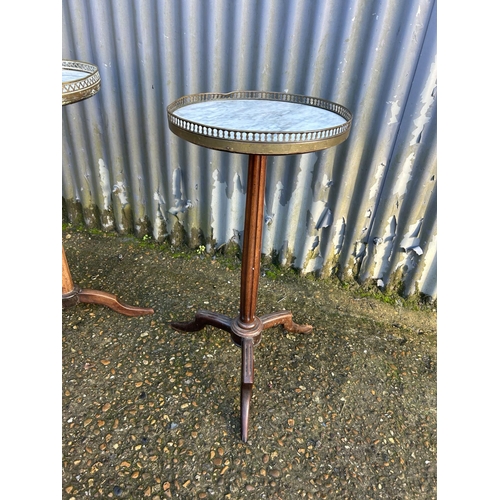 221 - Two single pedestal occasional tables with, table tops and brass gallery (one a/f to top)