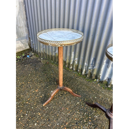 221 - Two single pedestal occasional tables with, table tops and brass gallery (one a/f to top)